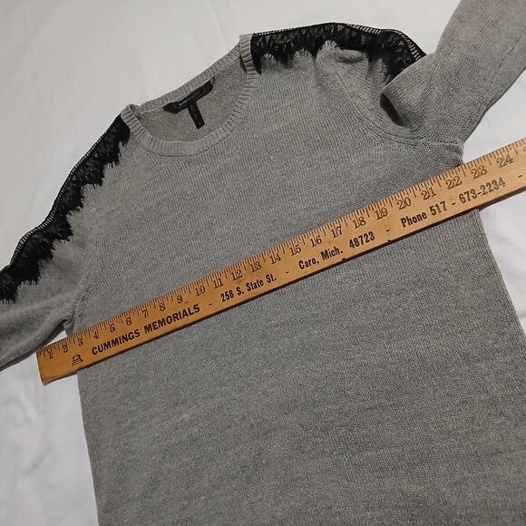 BCBG MAX AZARIA Med Grey Black-Lace-Accent Long-Sleeved Cotton Blend Sweater - Picture 10 of 13